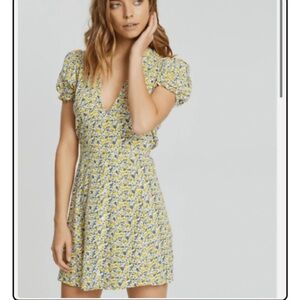 Faithfull the Brand Green Mini Dress with Puff Sleeves and V-Neck